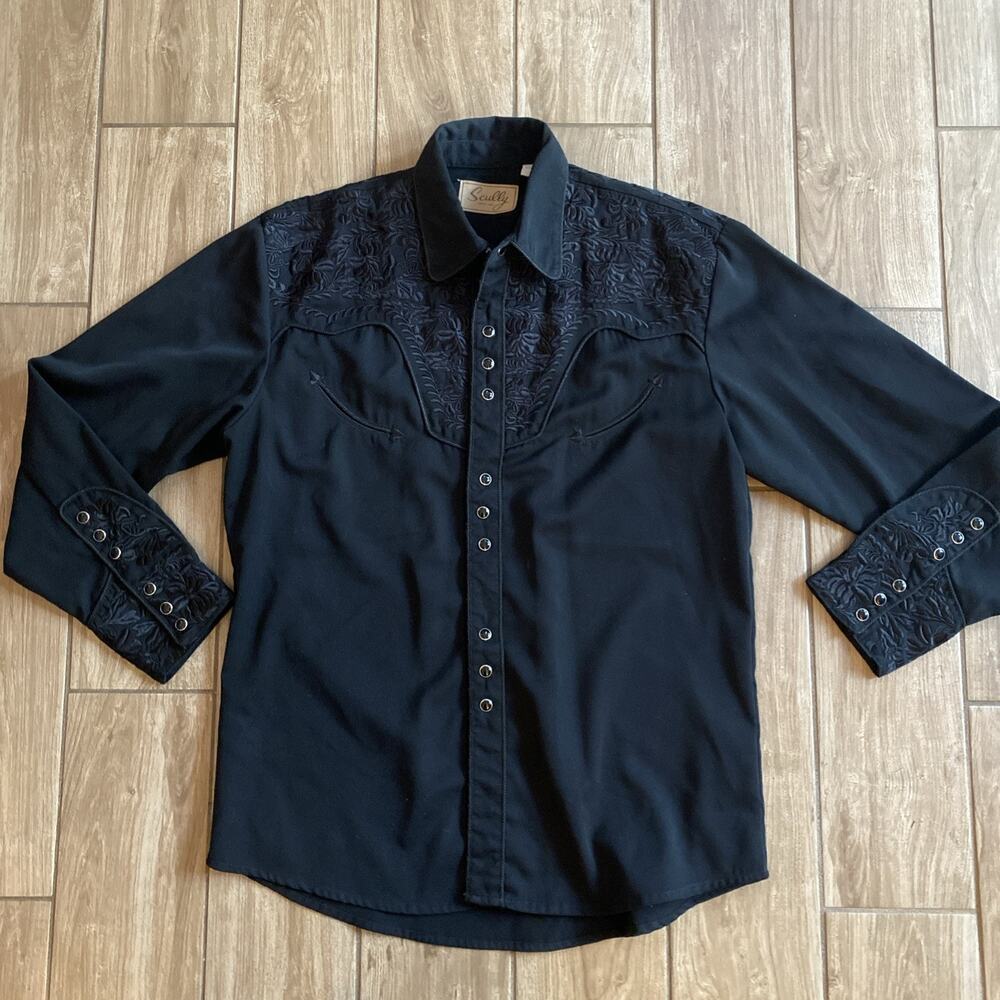Scully Shirt Mens Medium Pearl Snap Gun Fighter Jet Black Smile Pockets